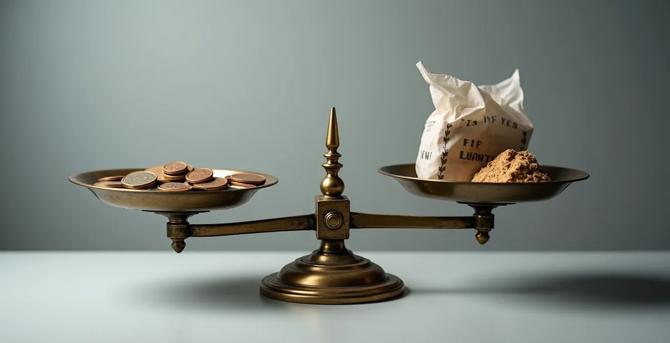 Composition symbolique montrant une balance avec pièces d'un côté et dégâts d'eau de l'autre