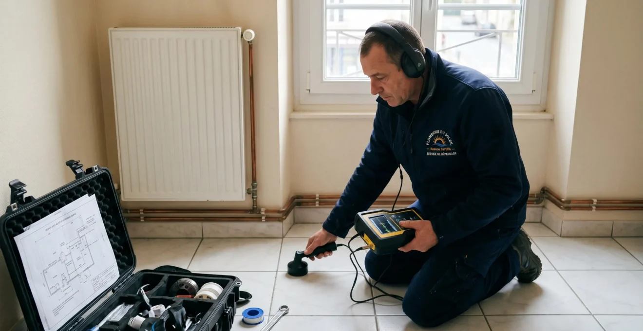 Plombier professionnel utilisant équipement de détection acoustique ou caméra thermique pour localiser précisément une fuite invisible dans une habitation