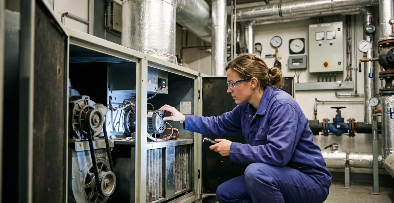 Technicien examinant les composantes mécaniques internes d'un système de traitement d'air dans une salle technique, avec conduits, moteurs et filtres visibles