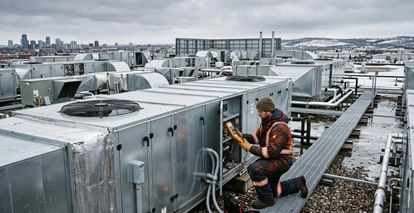 Technicien CVC inspectant une grande unité de traitement d'air sur le toit d'un bâtiment commercial au Canada, avec plusieurs équipements HVAC visibles en arrière-plan