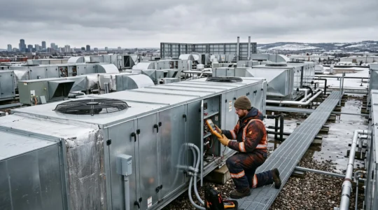 Technicien CVC inspectant une grande unité de traitement d'air sur le toit d'un bâtiment commercial au Canada, avec plusieurs équipements HVAC visibles en arrière-plan