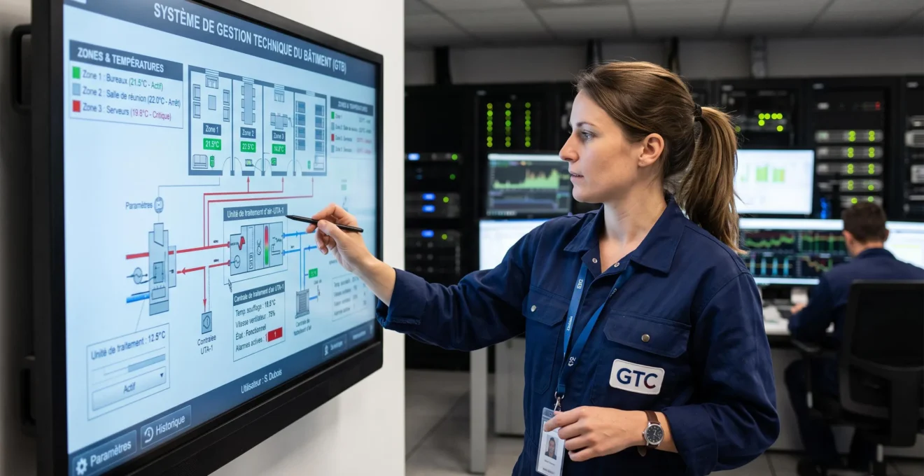Technicien ajustant un panneau de contrôle numérique d'automatisation de bâtiment pour la régulation intelligente d'un système HVAC multi-zones