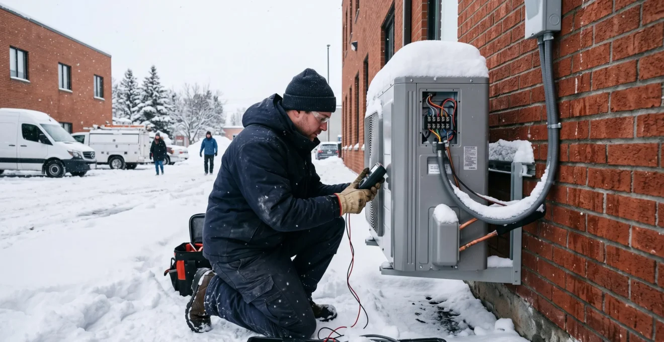 Technicien installant une thermopompe électrique moderne sur le mur extérieur d'un bâtiment commercial au Québec, dans un contexte hivernal
